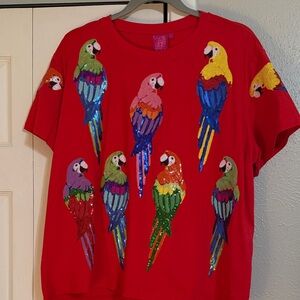 QUEEN OF SPARKLES Red Tee with Colorful Parrots